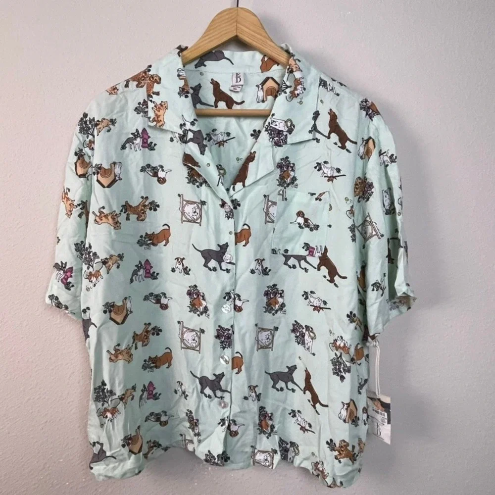 ED by Ellen Nightgown Top Dog Print Button‎ Down Women's XL Sage